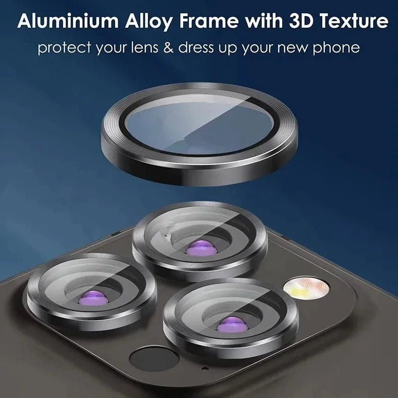 Detta är ett "3-2PCS Camera Lens Protector" för iPhone 17 Pro Max/17Pro/17Air med metallring och glasskydd. Produkten har en aluminiumlegerad ram med 3D-textur som både skyddar kameralinsen och ger telefonen en stilren look