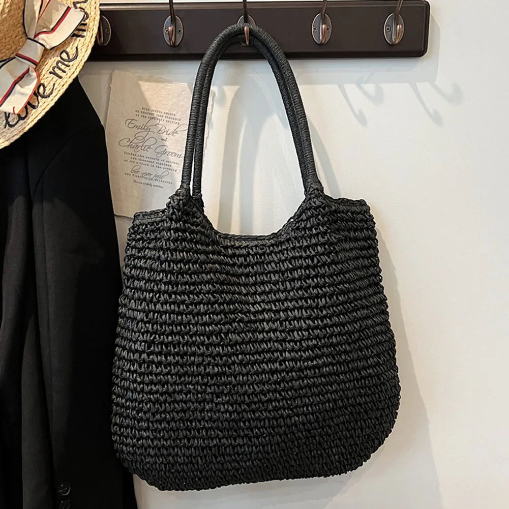 2024 Summer Daily Bag Women Vintage Shoulder Bag Hasp Closure Crochet Beach Handbag Solid Color Simple Weaving Handbag Ladies
