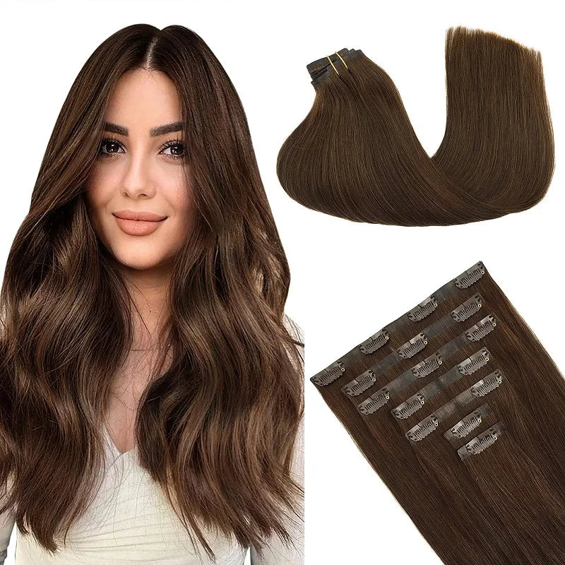 PU Clip in Extensions Human Hair Clip in Natural Thick Straight Hair Extensions Seamless Skin Weft Clip-on Hair Pieces 150G