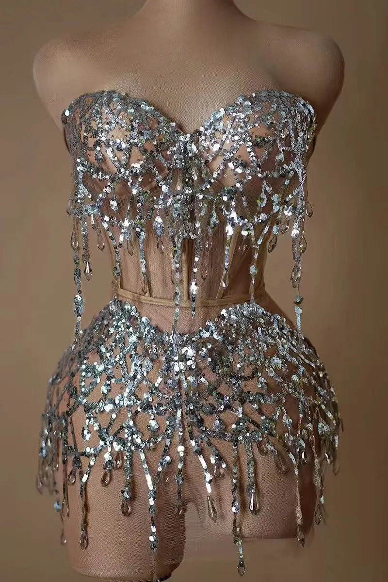 Sparkly Silver Sequins Crystals Short Summer Dress Sexy Stage Transparent Women Evening Birthday Party Dress Singer Show Wear