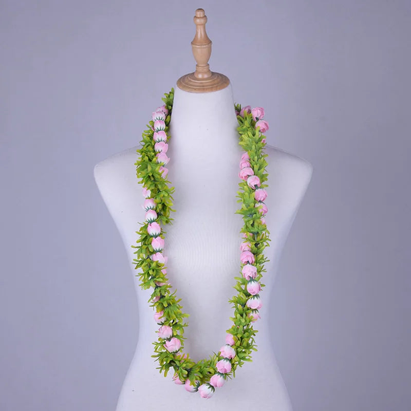 Popular Artificial Silk Rosebud Greenrose Lei Double Strand Braided Necklace Hawaiian Garland Polynesian Samoan Style Wreath