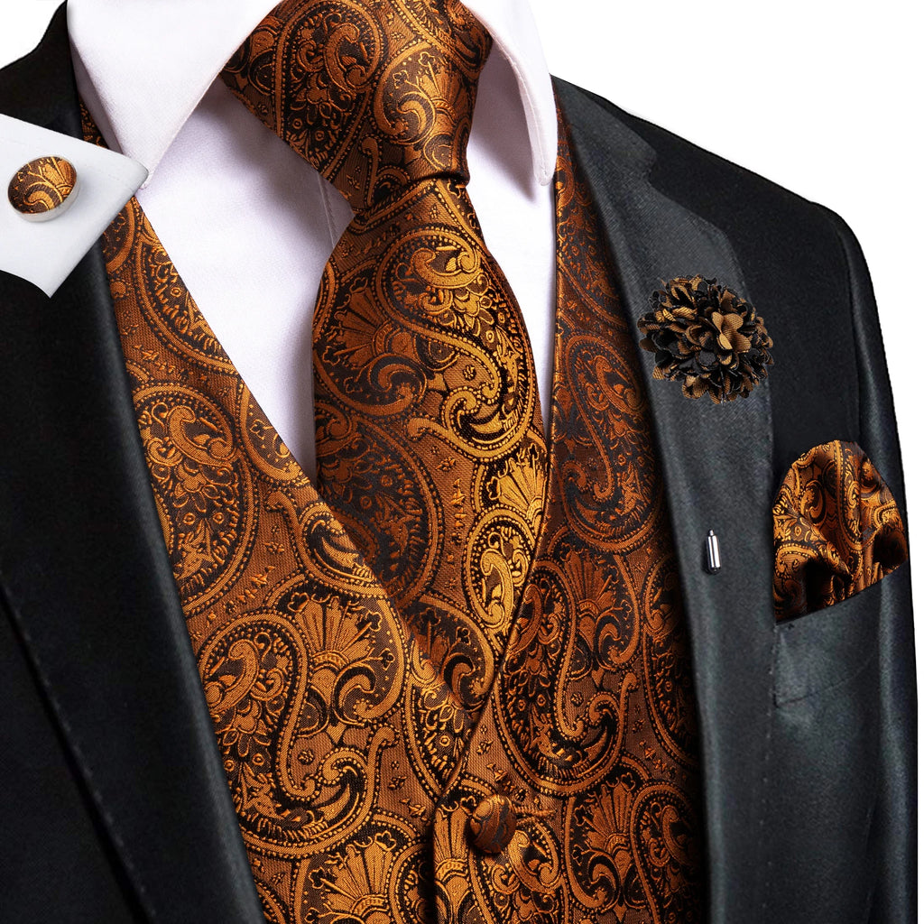 Hi-Tie High Quality Silk Mens Vests Champagne Paisley Waistcoat Neck Tie Hanky Cufflinks Brooch Set for Men Suit Wedding Office