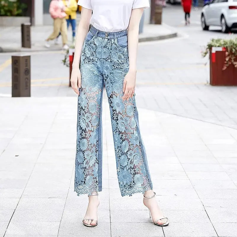 High Waist Pantalones De Mujer Lace Patchwork Hollow Out Fashion Elegant Jeans for Women All Match Casual Loose Summer Pants
