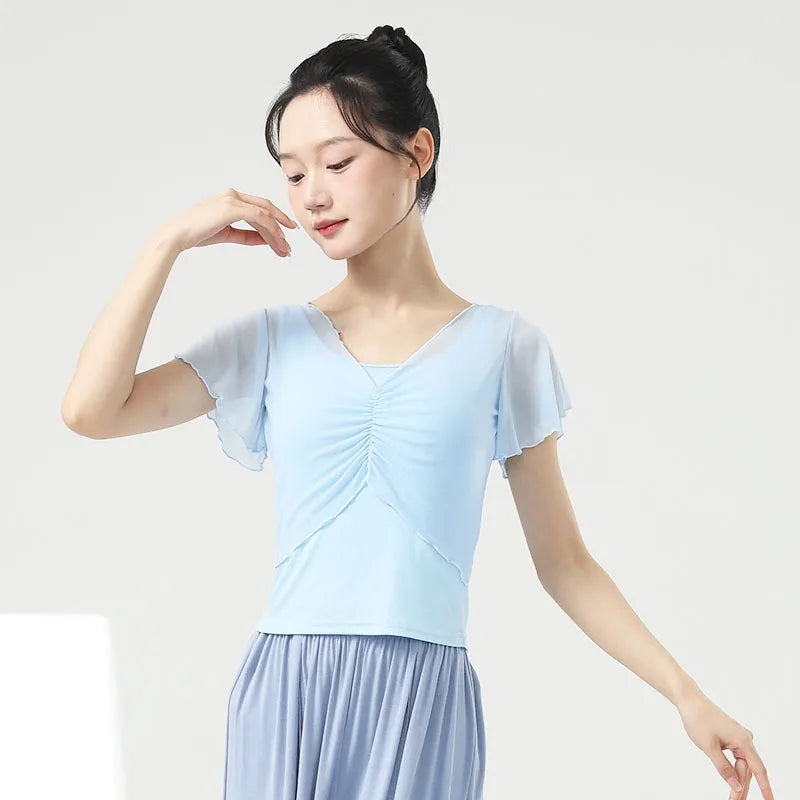 Dance Tops Women Modern Practice Clothes Dancewear Short Sleeved Gauze Pleated T-shirt Solid Color Stage Costume Top New Arrival