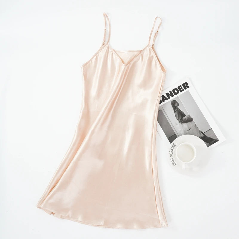 WSFSLJWDW Sexy Pajamas Women's Faux Silk Suspender Nightdress Ladies Spring and Summer Ice Silk Thin Halter Home Night Dresses