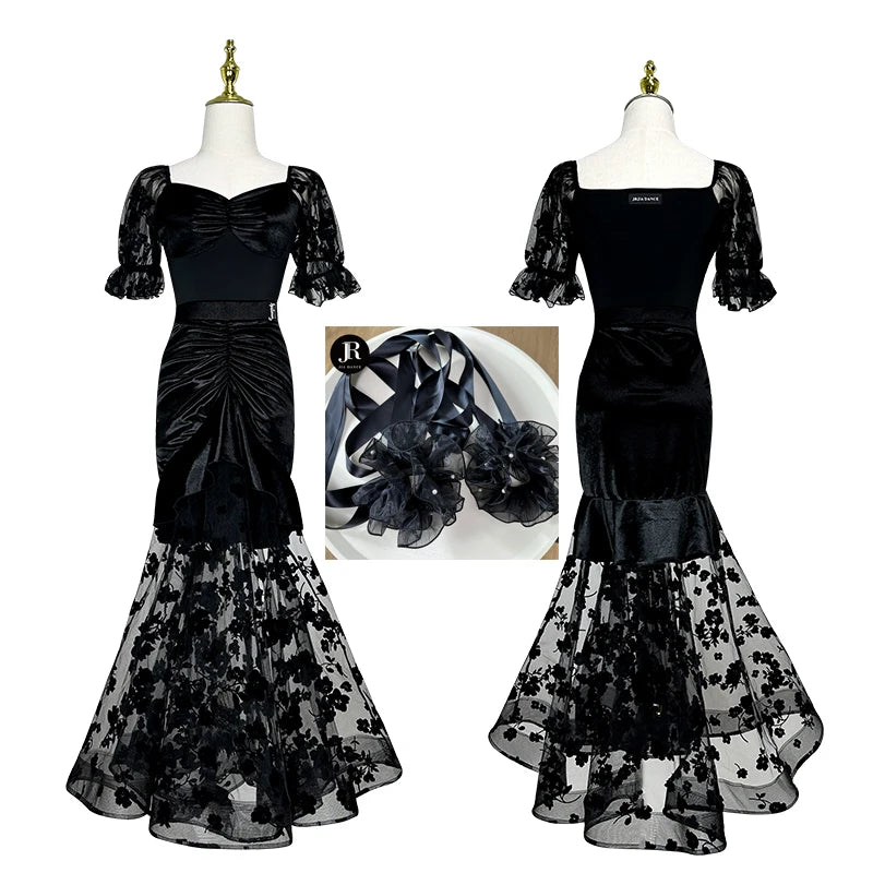 2024 Ballroom Dance Clothes Women Black Lace Mesh Veslvet Tops Skirt Waltz Dance Performance Costume Competition Dresses BL13497