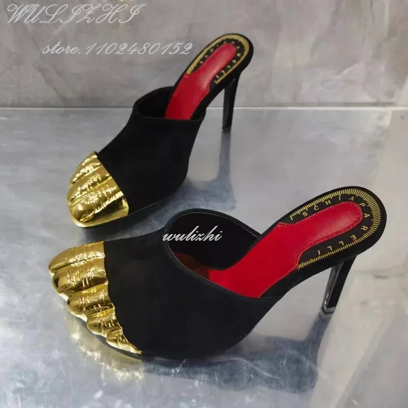 Big Bow Golden Toes Five Split Toes Sexy Sandals Stiletto Heels Women Hollow Metallic Luster Shiny Dress Heels Ankle Straps Shoe