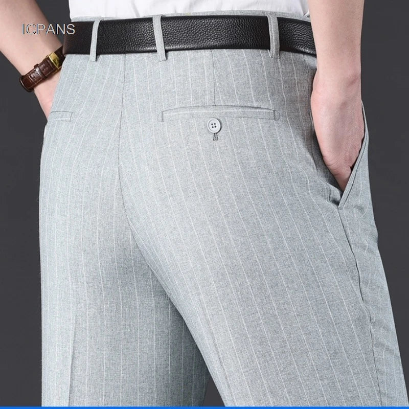 Flat Stretch Suit Pants For Men Striped Thin Summer Straight High Waist Black White Blue Formal Fashion Korea Dress Trousers Men