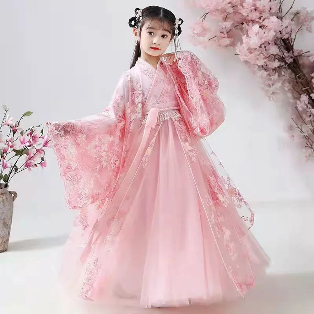 Chinese Traditional Folk Dance Dress Girls Pink Dance Fairy Costume Hanfu Girls Princess Dresses Set Kids Party Cosplay Clothing