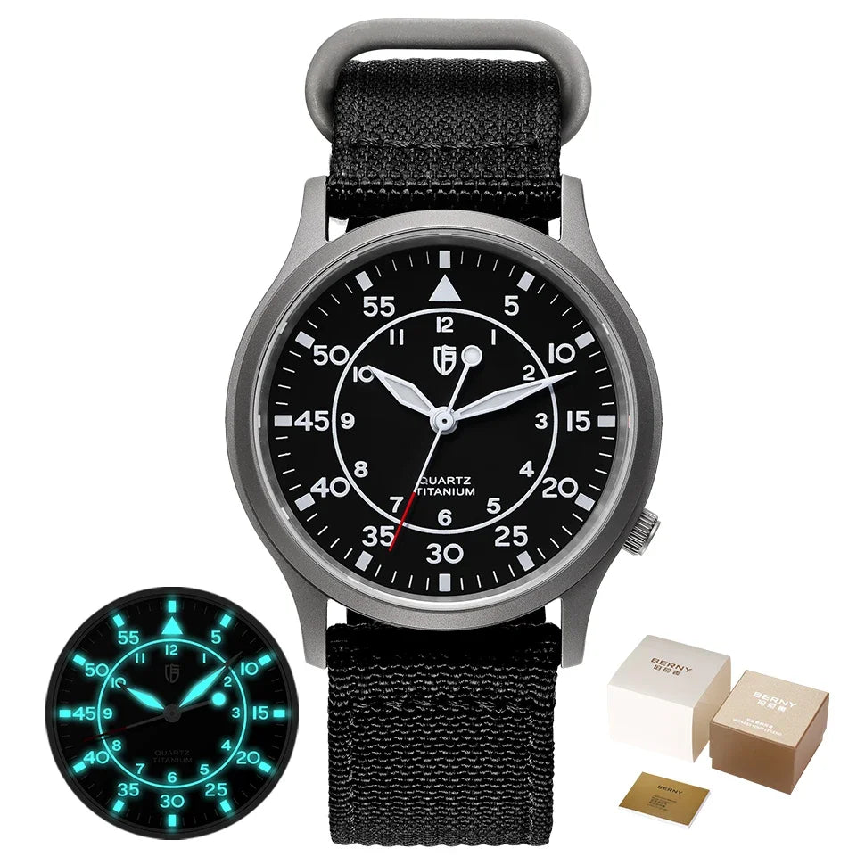 BERNY Titanium Watch for Men AR Coating Sapphire Fashion Wristwatch Luminous VH31 Ultra-thin Quartz Watch Waterproof 5ATM Watch