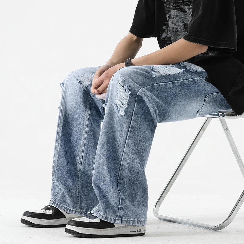 Men's Summer Ripped Jeans Loose Straight Leg