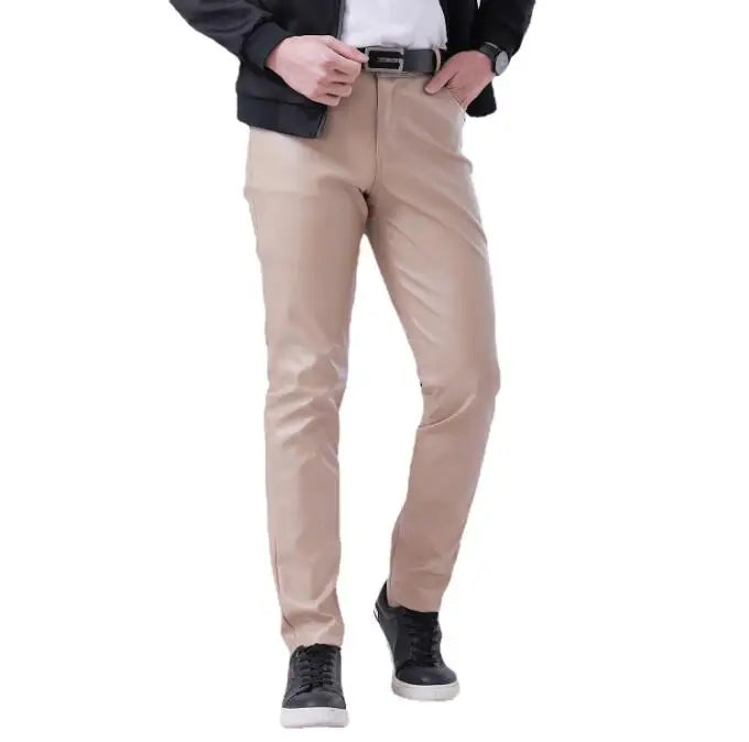 2024 New Men's Leather Pants Fashion Slim PU Trousers Red Blue Black Gray White Pantalones Hombre
