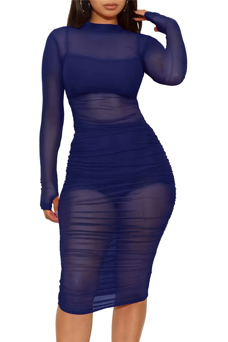 Women Mesh See Through 3 Piece Set Bodycon Ruched Cover Up Midi Dress+Camis+Shorts 3 Pieces Suits Sexy Night Club Party Outfits