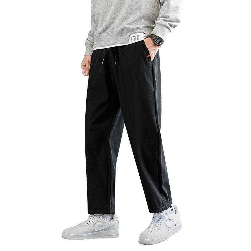 Plus Size Trousers Men's 2024 New M-8XL Ice Silk Pants Drawstring Feet Leisure Sports Running Fitness Harajuku Trousers