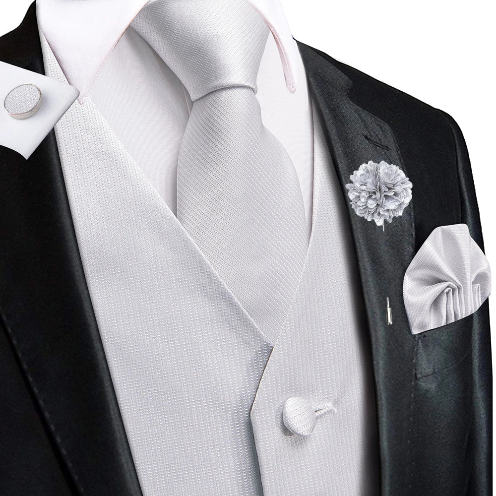 Luxury Gold Black Silk Mens Vests Print Jacquard Waistcoat Tie Hanky Cufflinks Brooch Set for Men Wedding Formal Business Hi-Tie