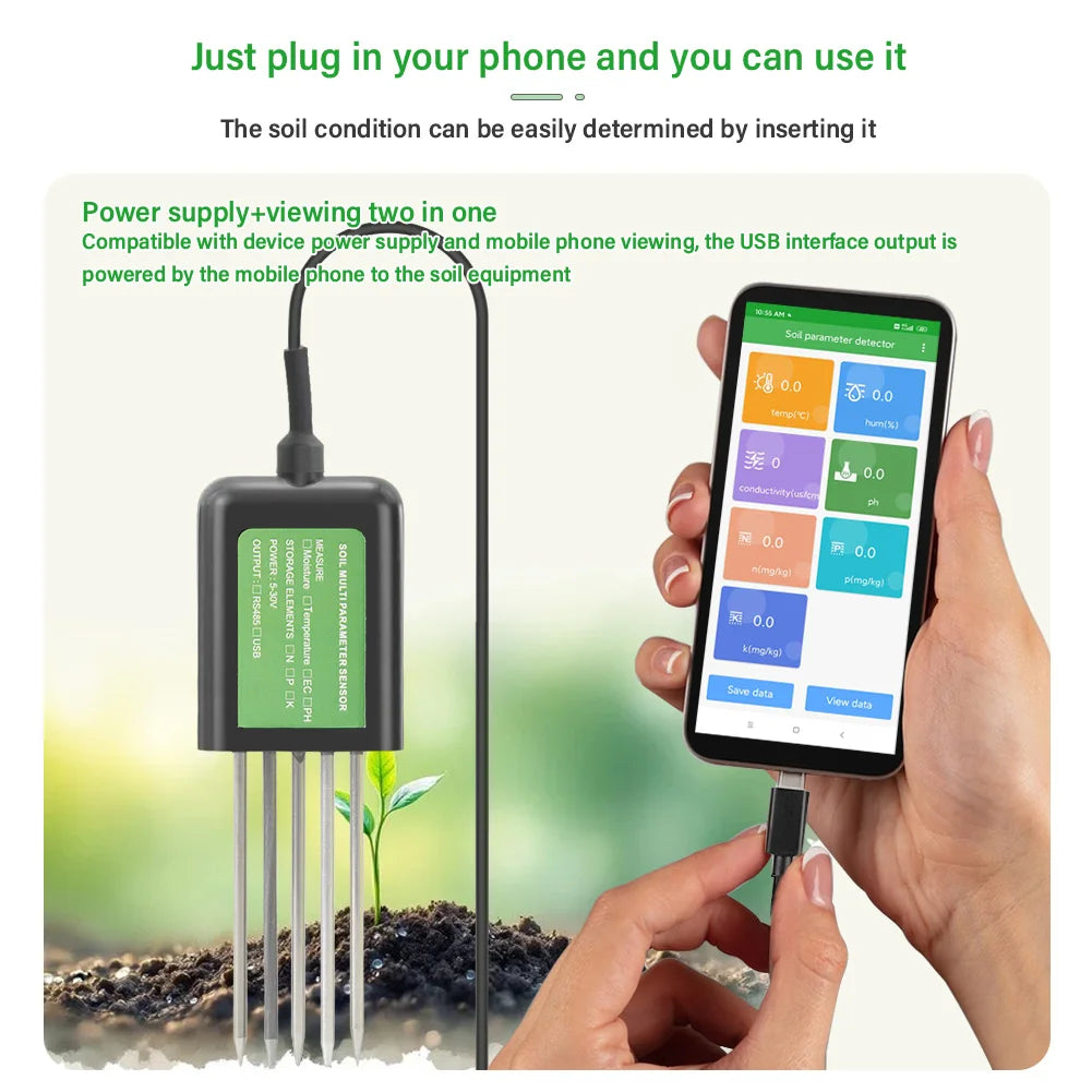 Yieryi Smart Soil Sensor 5-in-1 NPK EC Moisture Temp pH Meter with APP Data Logger USB Rechargeable Soil Tester for Garden Farm