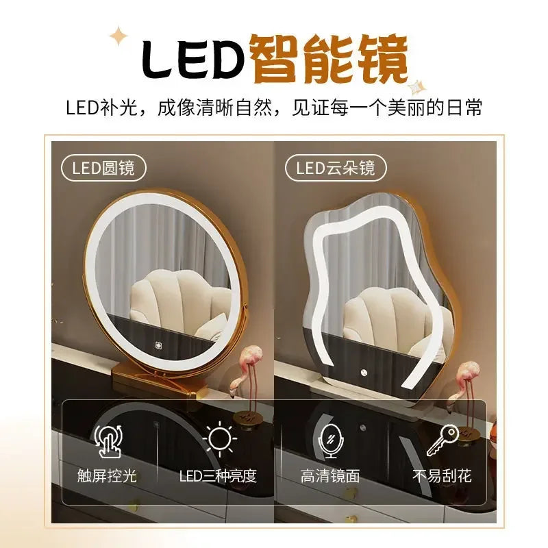 Nordic Glass Luxury Dressing Table with Smart Wireless Charging Bedroom Vanity Nightstand Makeup Table with Cloud Mirror Dresser