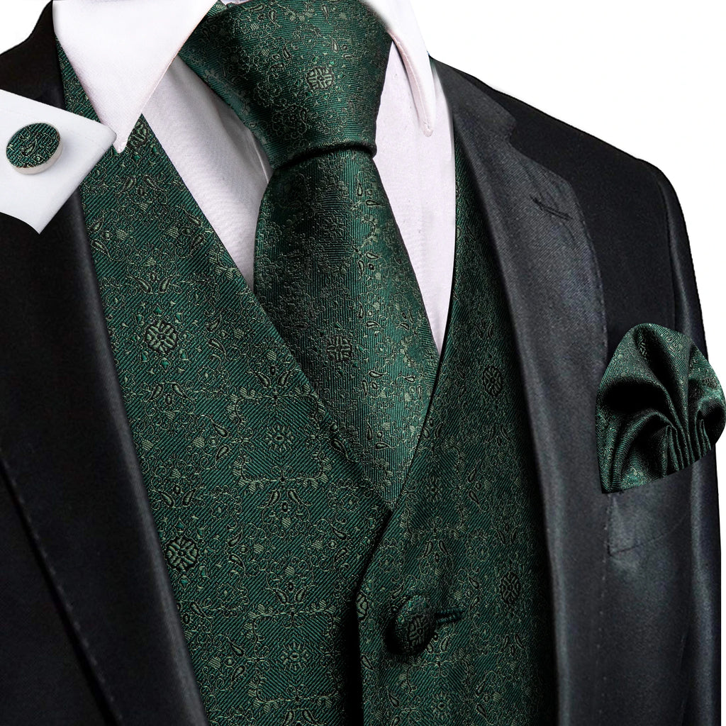 Hi-Tie Men's Silk Vests Fashion Dark Green Floral Jacquard Handkerchief Cufflinks Necktie Sleeveless Wistcoat Sets Wedding Party