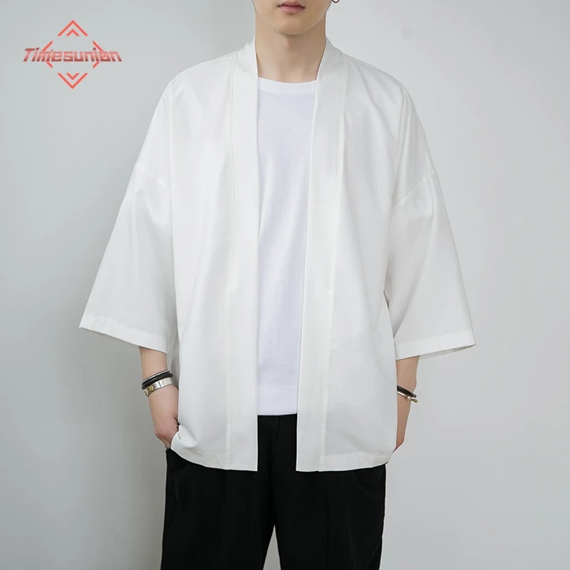 Summer New Men's Lightweight Kimonos Traditional Japanese Clothing Male Open Front Cardigan Cloak Yukata Jacket Coat White