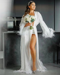 Fur Robe For Women Wedding Morning Robe Side High Split Sexy Pajamas Bride Silk Robe Long Feather Sleeve Female Elegant Dress