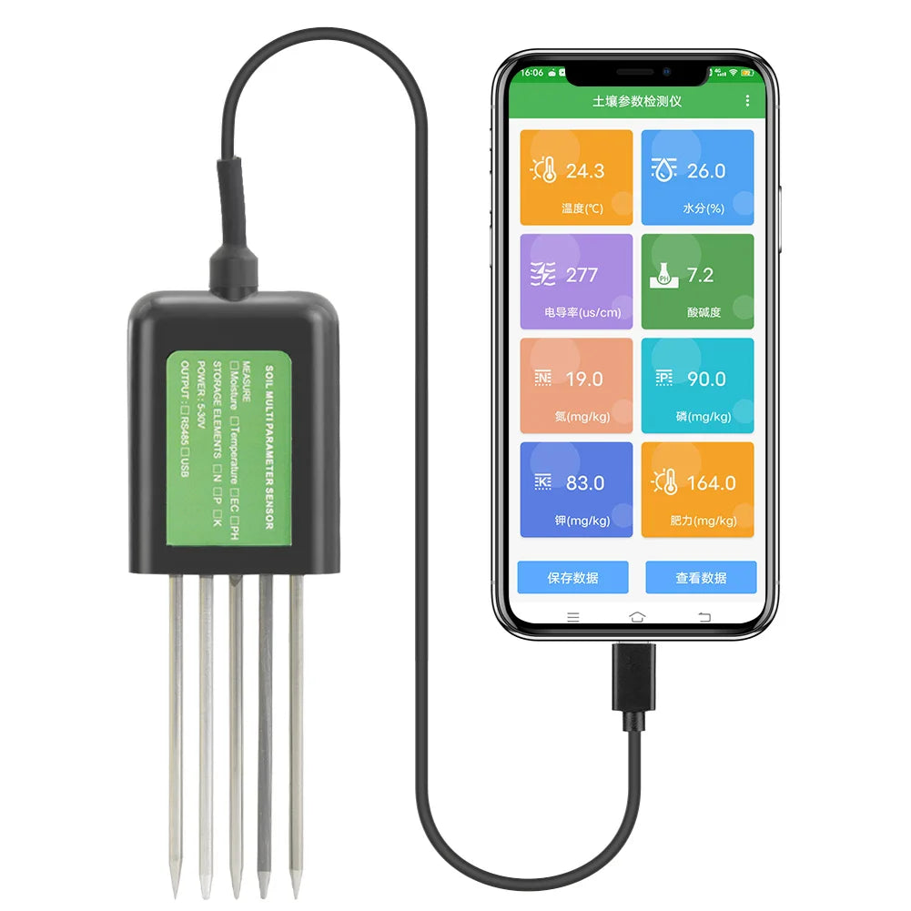 Yieryi Smart Soil Sensor 5-in-1 NPK EC Moisture Temp pH Meter with APP Data Logger USB Rechargeable Soil Tester for Garden Farm