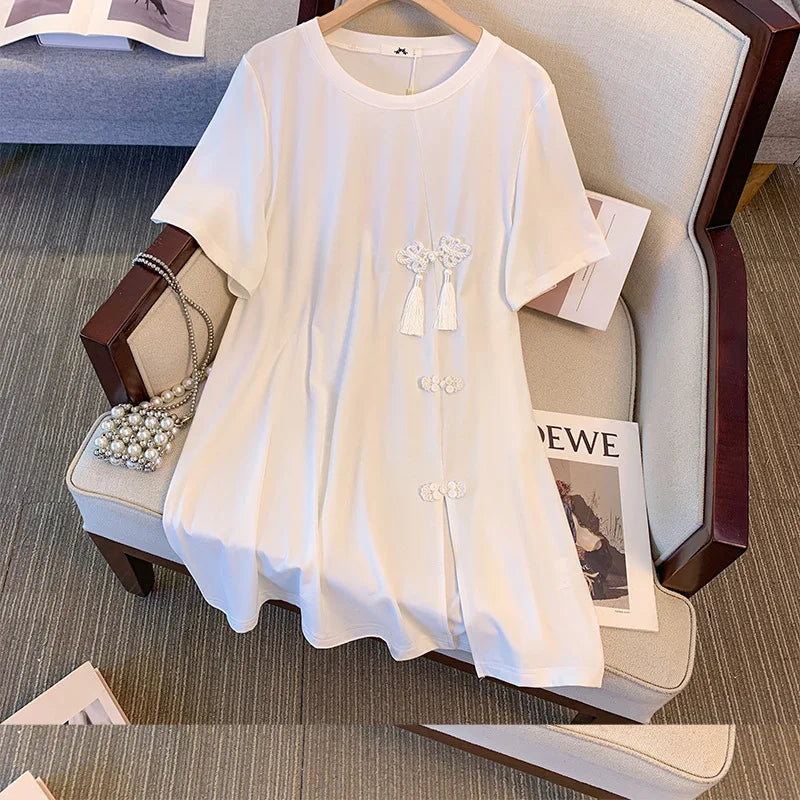 150Kg Plus Size Women's Bust 156 Summer New Chinese Style Retro T-Shirt Short Sleeved Top Black White 6XL 7XL 8XL 9XL 10XL