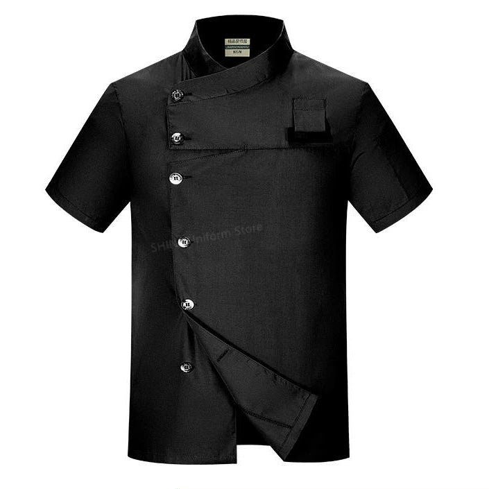 White Chef Coat Logo short Sleeve Chef Jacket Apron for Summer Head Chef Uniform Restaurant Hotel Kitchen Pizza Cooking Clothes