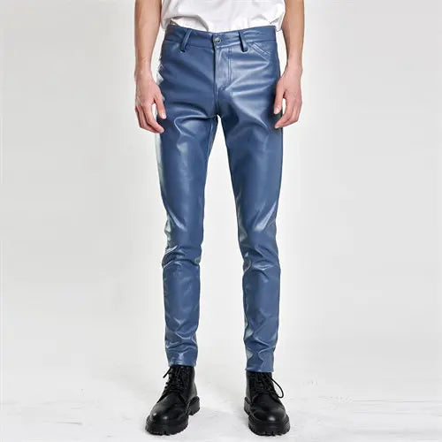 2024 New Men's Leather Pants Fashion Slim PU Trousers Red Blue Black Gray White Pantalones Hombre