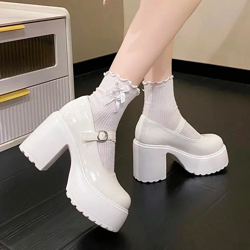 2024 Fashion White Platform Pumps for Women Super High Heels Buckle Strap  Shoes Woman Goth Thick Heeled Party Shoes Ladies
