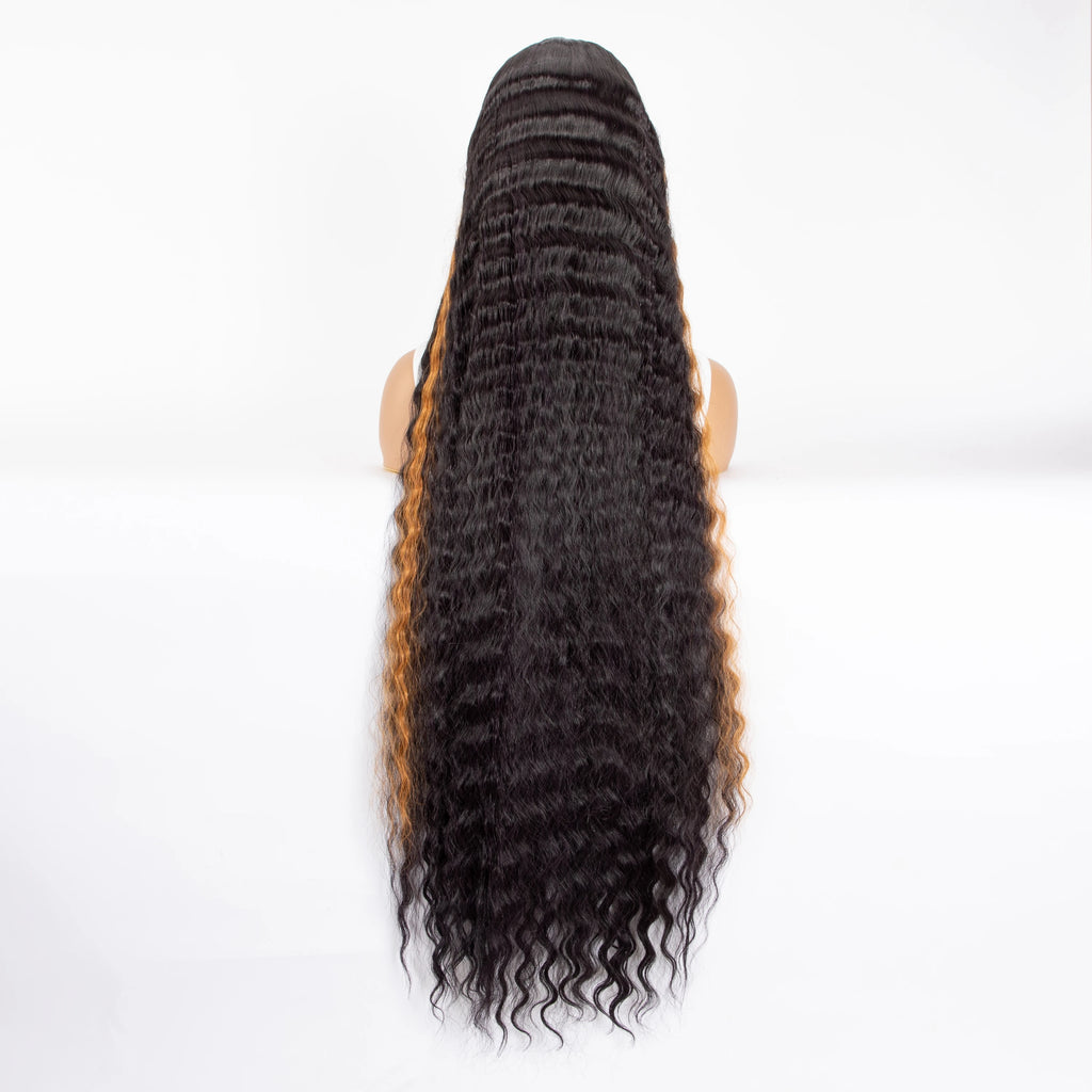 WIGERA Synthetic Ombre Black 40Inch Extra Long Crimp Deep Body Wave Lace Wig Curly Wavy Wigs Highlights With Baby Hair For Women