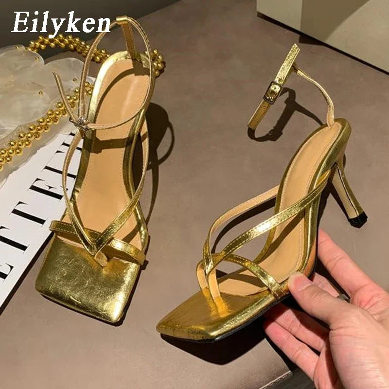 Square Toe Thin Heels Sandals Ankle Buckle