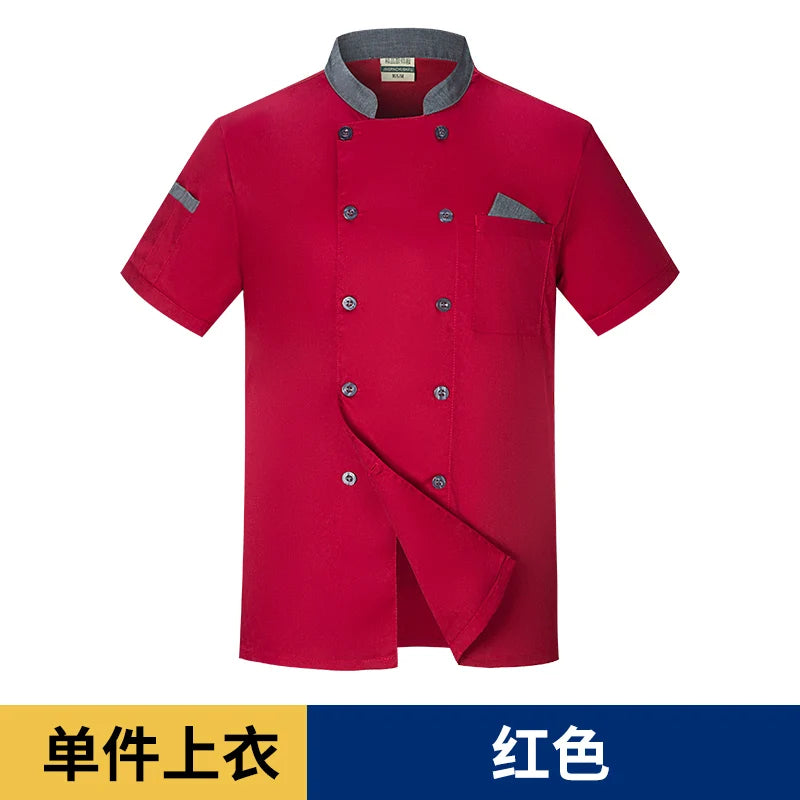 Men Red Chef Coat Logo Long Sleeve Chef Jacket for Summer Apron Head Chef Uniform Restaurant Hotel Kitchen Cooking Clothes