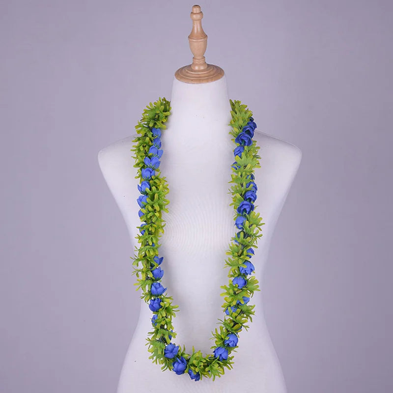 Popular Artificial Silk Rosebud Greenrose Lei Double Strand Braided Necklace Hawaiian Garland Polynesian Samoan Style Wreath