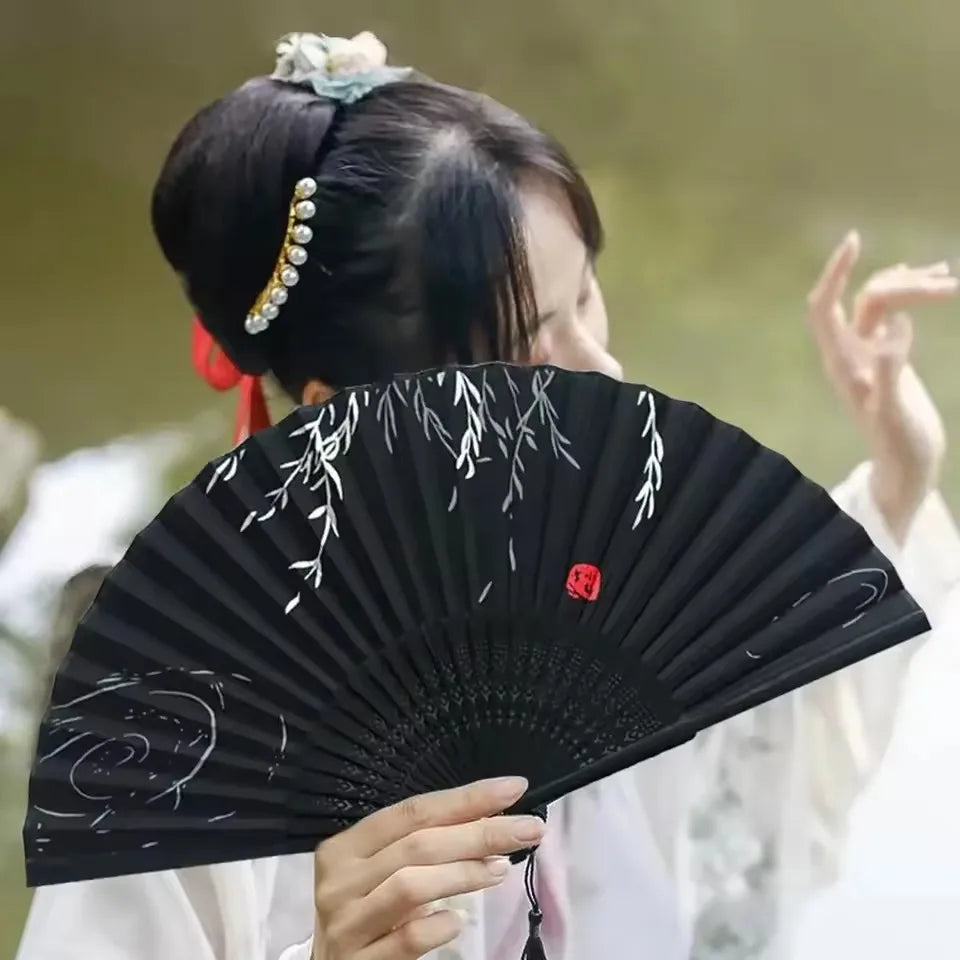 Chinese Bamboo Silk Hand Folding Fan Black