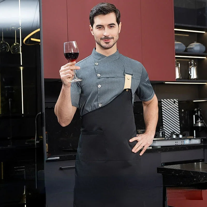 White Chef Coat Logo short Sleeve Chef Jacket Apron for Summer Head Chef Uniform Restaurant Hotel Kitchen Pizza Cooking Clothes
