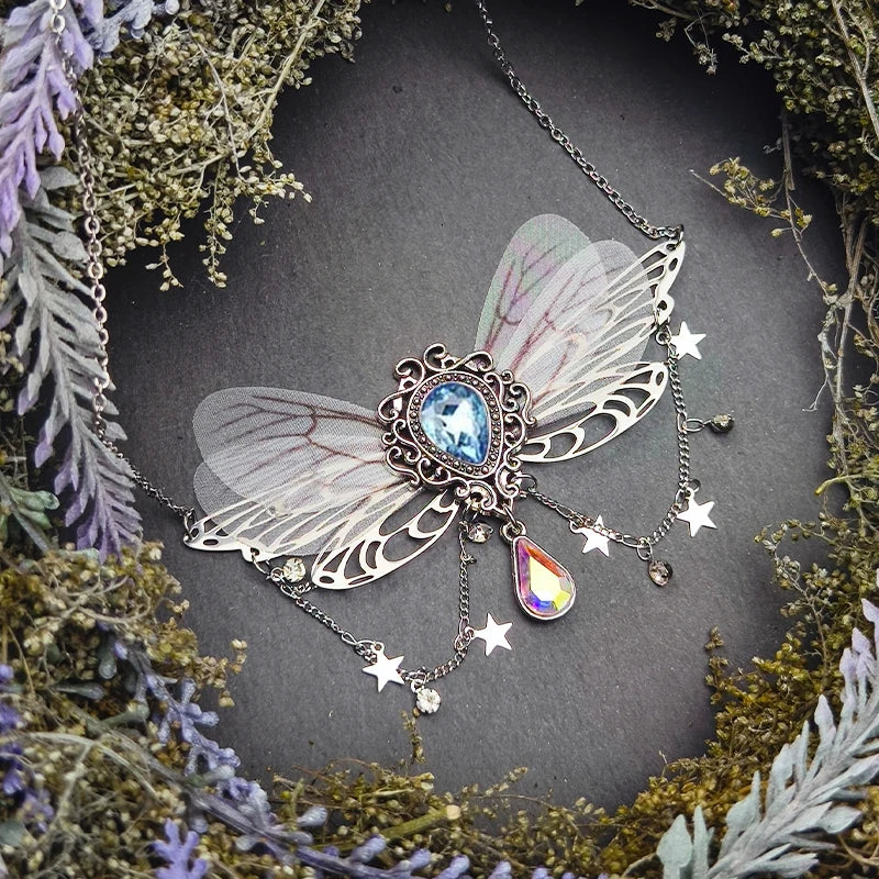Witch Fairycore Butterfly Crystal Tassels Pendant Necklace Woodland Fairies Forest Pixie Goddess Necklace for women