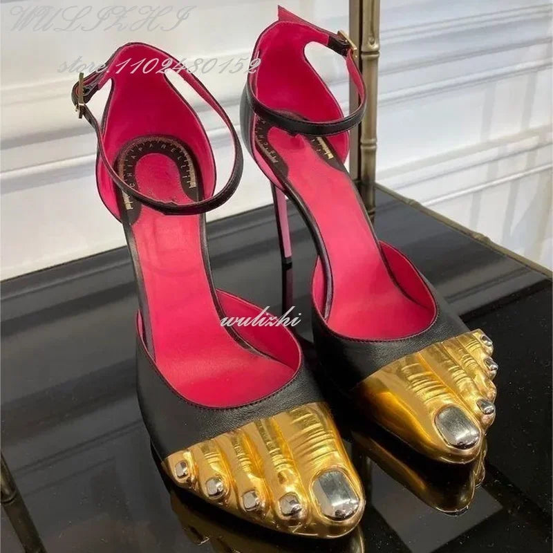 Big Bow Golden Toes Five Split Toes Sexy Sandals Stiletto Heels Women Hollow Metallic Luster Shiny Dress Heels Ankle Straps Shoe