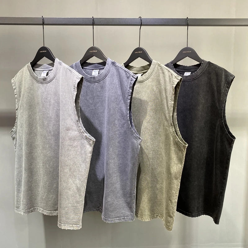 Vintage Streetwear Hip Hop Washed Worn Vest Oversize Casual Sleeveless Tshirt Summer Men's and Women's Waistcoat Top