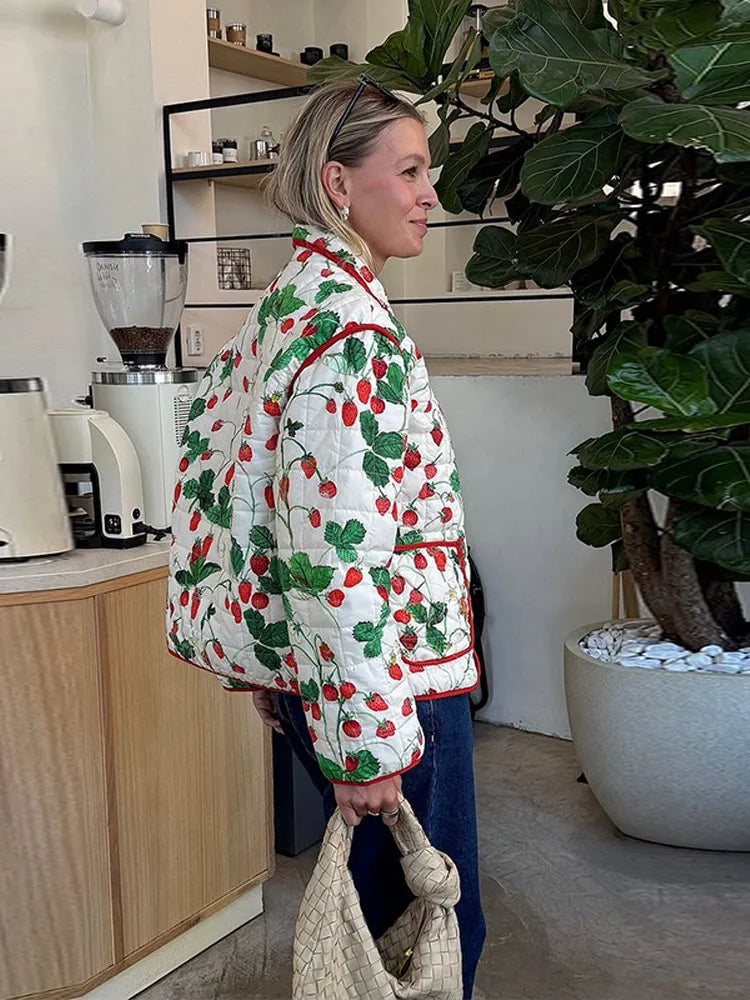 Women's Fashion Print Panelled Quilted Cotton Jacket Long Sleeve Pocket Cardigan Coat 2025 Autumn Winter Daily Casual Outerwear