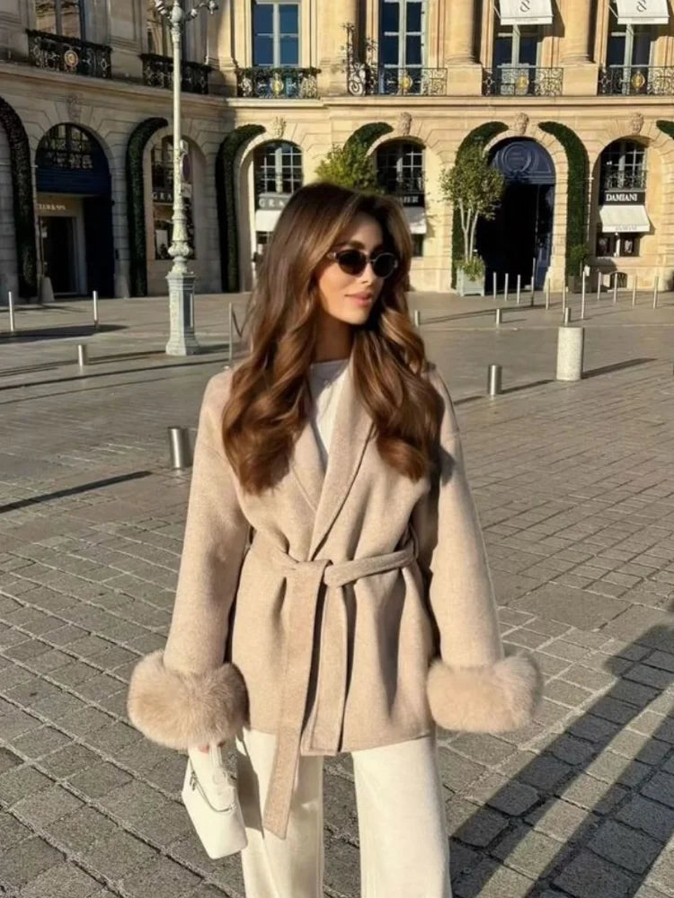 Fur Patchwork Woolen Short Coat Fashion Solid Lace Up Lapel Furry Belt Long Sleeve Loose Jacket  2025 New Autumn Winter Cardigan