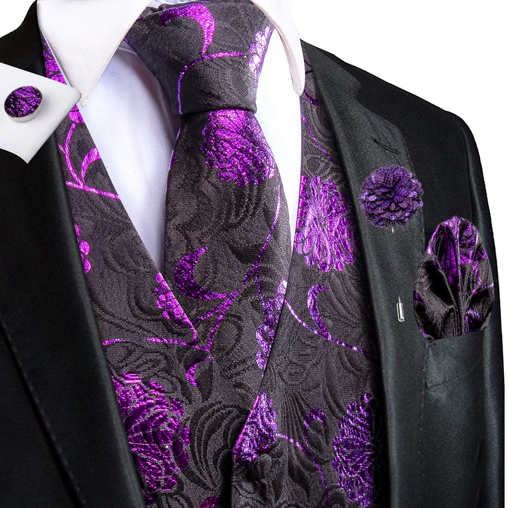 Luxury Gold Black Silk Mens Vests Print Jacquard Waistcoat Tie Hanky Cufflinks Brooch Set for Men Wedding Formal Business Hi-Tie