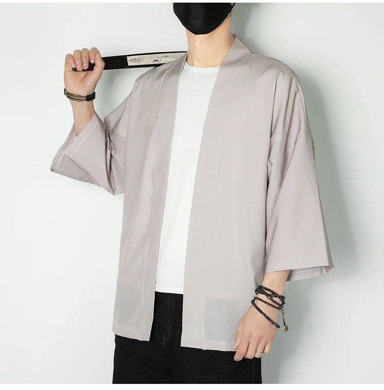 Summer New Men's Lightweight Kimonos Traditional Japanese Clothing Male Open Front Cardigan Cloak Yukata Jacket Coat White