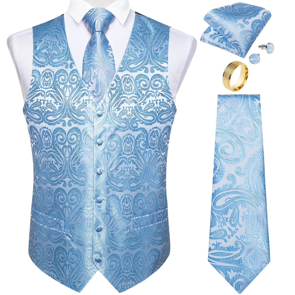 Fashion Green Paisley Vest for Man Business Festival Dress Fit Men's Waistcoat Luxury Silk Necktie Pocket Square Cufflinks Ring
