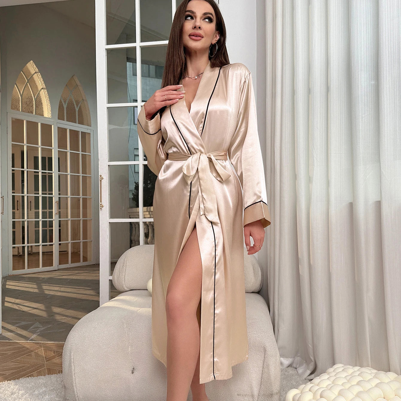 New Female Long Robe Nightgown Spring Summer Silk Satin Kimono Bathrobe Sleepwear Loose Silk Satin Home Dressing Gown Loungewear