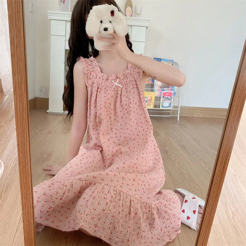 Cherry Nightgown Sleepwear Women Korean Ruffles Summer One Piece Pajamas Dress Sleeveless Night Sleeping Slash Neck Home Wear