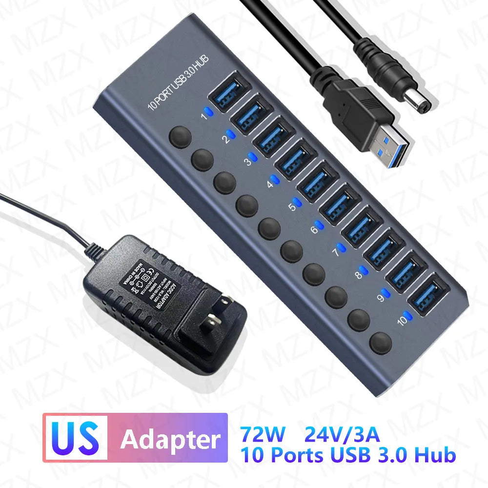 MZX USB 3.0 Hub Aluminum Multi Port Splitter with Power Adapter and Switch