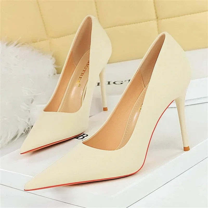 BIGTREE Autumn Fashion Simple Pedicure Slimming Super Woman Pumps Heels Shallow Mouth Strippe Pointed Sexy Nightclub Shoes