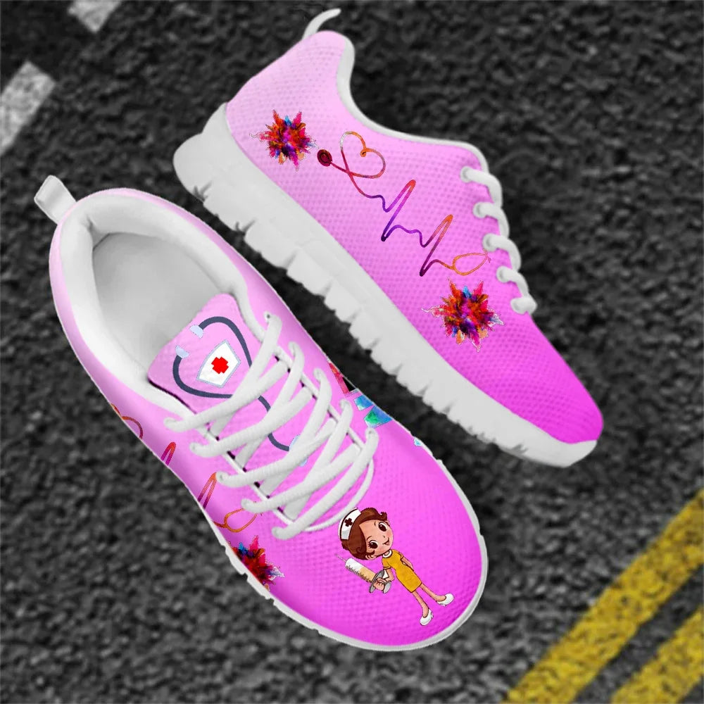 New Cartoon Nurse Shoes for Women Medical Heart Beat Brand Design Breathable Sneakers Flats Shoes Zapatos Mujer