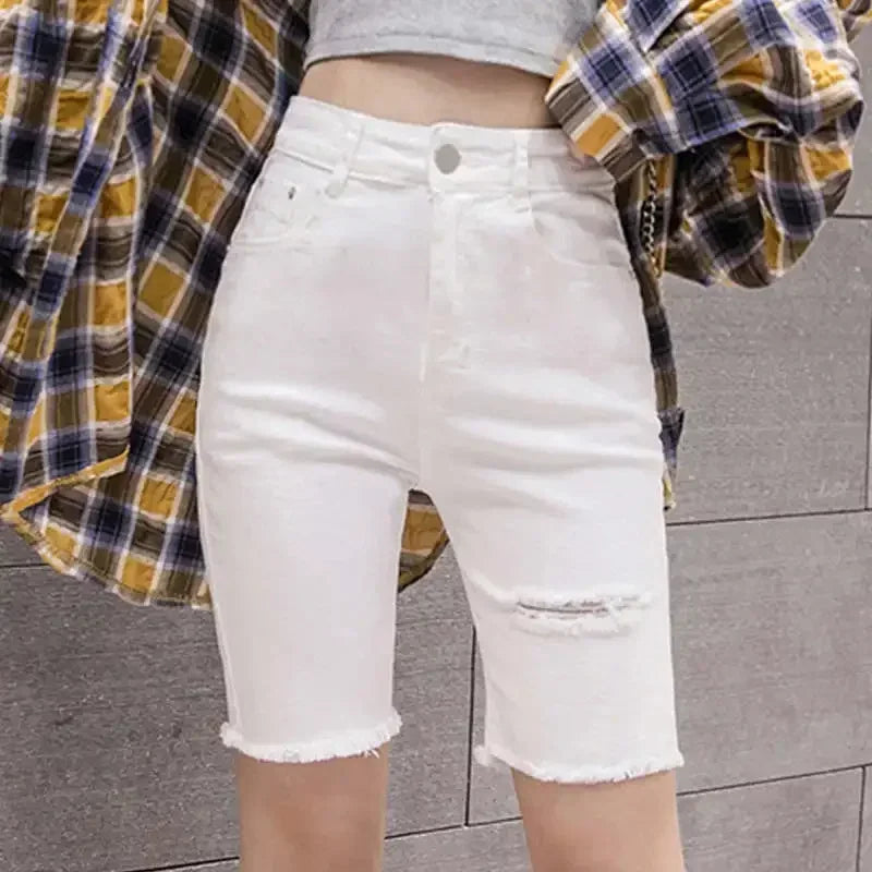 Black White Straight Stretch Denim Shorts Women Midi Jeans Summer Shorts Women Streetwear Hole Ripped High Waist Shorts C7336