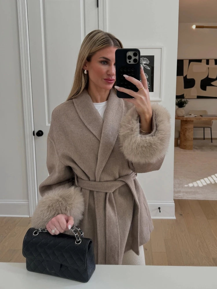 Fur Patchwork Woolen Short Coat Fashion Solid Lace Up Lapel Furry Belt Long Sleeve Loose Jacket  2025 New Autumn Winter Cardigan